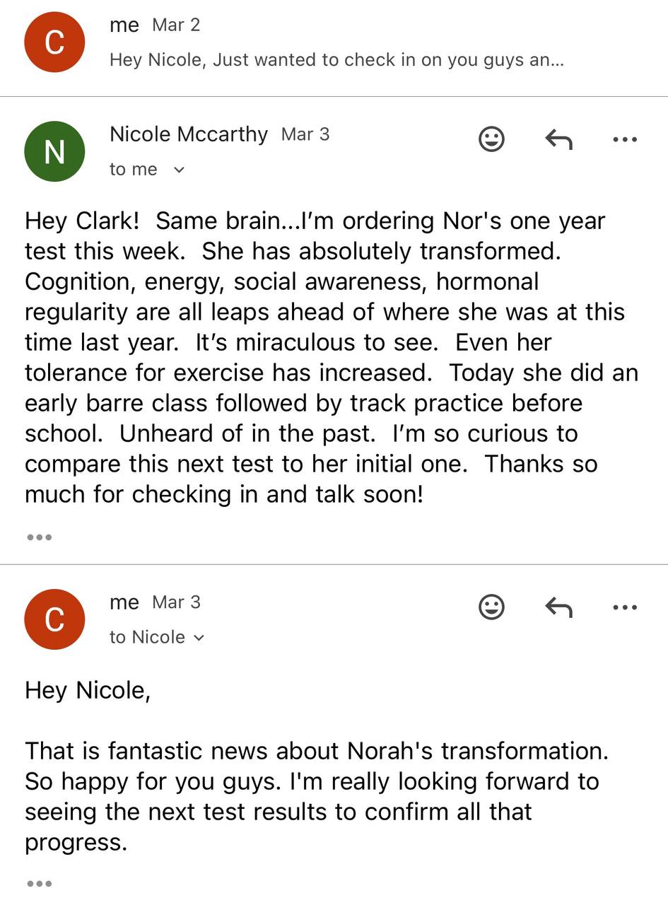 Email testimonial from Nicole about Norah's transformation through mineral balancing