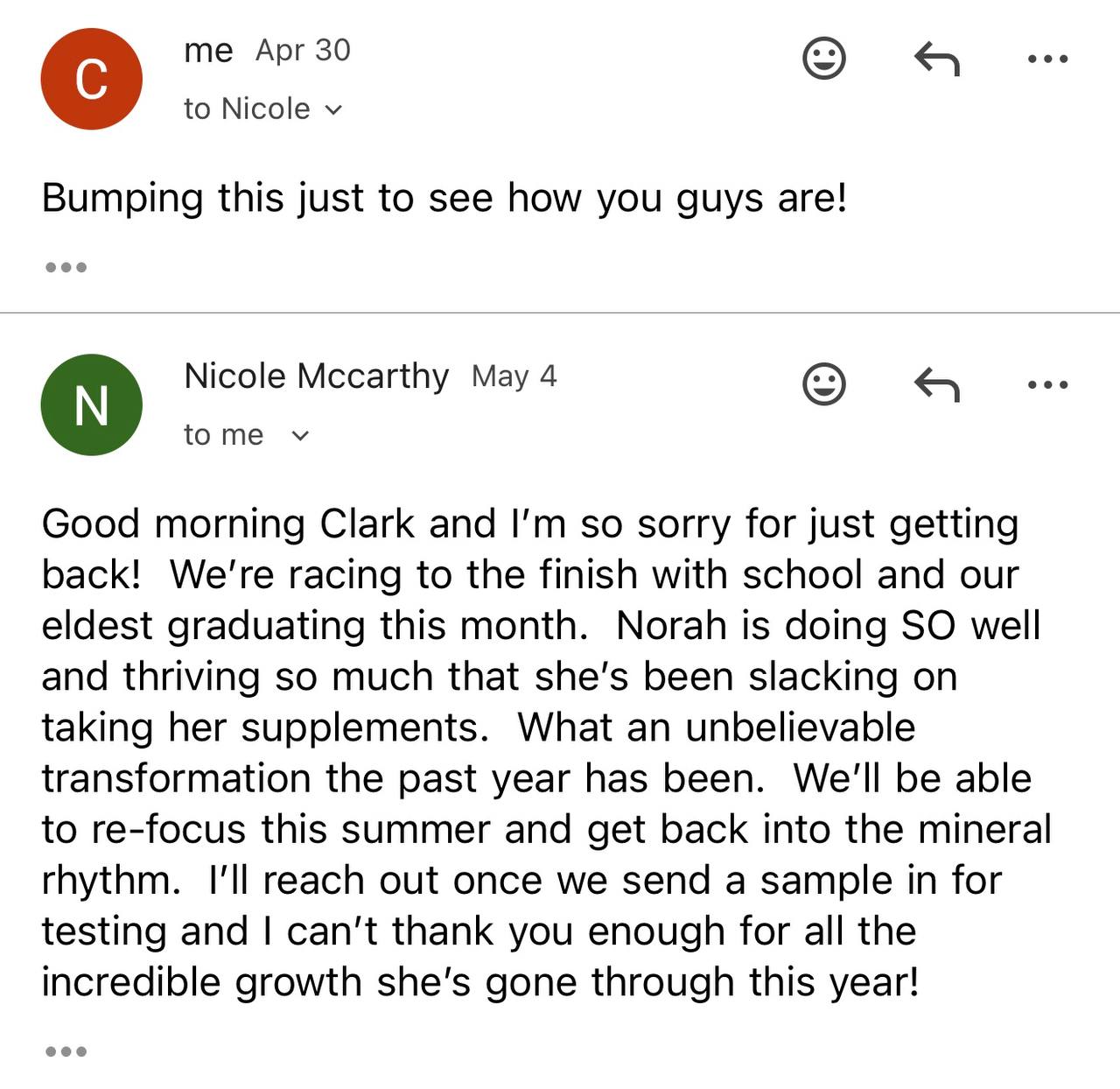 Email testimonial from Nicole about Norah's progress after a year of mineral balancing