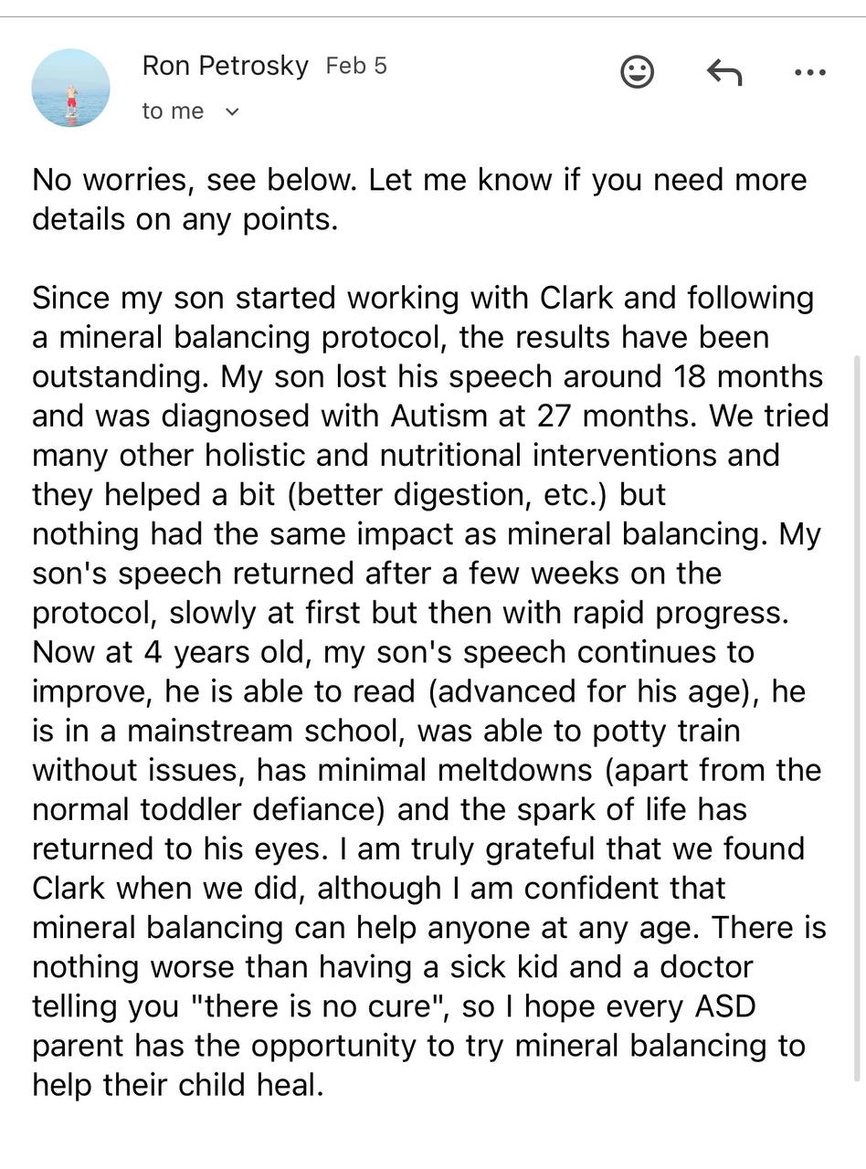 Email testimonial from Ron about his son's speech returning through mineral balancing